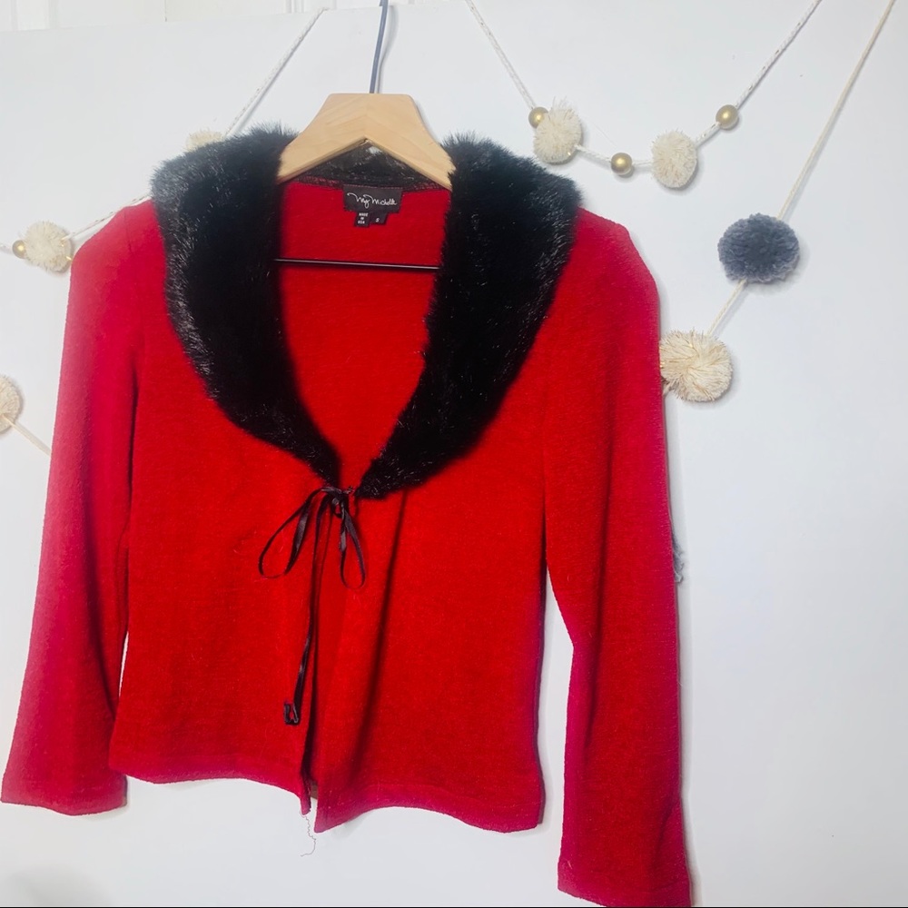 VINTAGE y2k red faux fur holiday crop cardigan - Picture 4 of 7